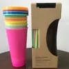 24oz/710 ml Plastic Cup Tumbler återanvändbar klar dricka platt botten pelare form lock halmkoppar mugg god kvalitet klassisk stil