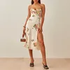 Boho Beach Dresses For Women Strap Floral Summer Dress Sweetheart Neck Sleeveless Sexy High Slit Party Midi Dress 220514