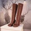 Women Boots Woman Round Toe Square Heels High Tube Brown for Pu Leather Side Zipper Comfortable Booties Concise Winter Shoes 0709