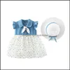 Dziewczyny sukienki dziecięce ubranie dziecięce letnia dżinsowa sukienka maluchowa rękaw z łuk kropka drukowana patchworka księżniczka kapelusz zestaw bohemia dziewczyna c