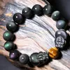 Brins de perles de haute qualité naturel véritable arc-en-ciel oeil de chat perles d'obsidienne noire Pixiu Bracelet chanceux Charams bijoux bracelets pour homme femmes B