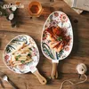 Nordic Ceramic Dinner Plates Dish Steak Salad Tray With Wooden Handle Christmas Steak Plates Home Decor Oval Dishes Tableware 220418