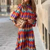 Hoge Kwaliteit Lente Hals 3/4 Mouwen Vintage Print Lange Dres Mode Jurken Boheemse patroon Vestidos Robe 220402