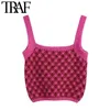 TRAF女性スウィートファッションチェックニットタンクトップスビンテージストレートネックワイドストラップ女性キャミスMujer 220325