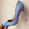 Designer-Spedizione gratuita Moda donna Blue Glitter strass scarpe a punta tacchi alti scarpe col tacco sottili pompe in vera pelle 10 cm Taglia grande si