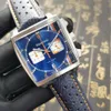 Heren vierkant horloge baai Japan VK chronograaf quartz uurwerk blauw gezicht oranje wijzers metalen band 39 mm polshorloge