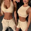 Sporty Solid Letter Two Piece Set Women Ribbed Skinny Tank Tops Loose Casual Bandage Shorts Matching Female Tracksuit 220527