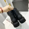 Black Platform Boots Designer Womens Ankel Real Leather Combat Boot For Woman Lace-Up Martin Booties Chains Buckle Winter Shoes Size 41