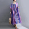 캐주얼 드레스 짧은 슬리브 코튼 린넨 빈티지 보라색 꽃 여성을위한 느슨한 긴 여름 드레스 우아한 패션 의류 2022