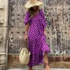 Puff Sleeve Boho Maxi Dress Elegant Women Summer Casual Floral DrawString Vneck Loose Holiday Beach Dresses Party Vestidos 220601