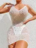 Robes décontractées femmes élégant Sexy maille transparent dos nu fronde perlée robe 2022 été fête Streetwear en vrac en grosCasual