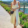 Summer Spring Floral Dress Women s Sexy Casual Fashion Sundress Midi Slip Backless Pleated Slit White Yellow Lace up Flowers 220630