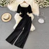 Women's Two Piece Pants Women Summer Fashion Casual High Waist Drape Wide Leg Square Collar Short Slim Blouse Two-piece Suit Female D0544Wom