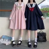 짧은 슬리브 드레스 여성 활 패치 워크 세일러 칼라 주름 JK 일본식 스타일 스위트 카와이 a 라인 학생 Harajuku 220521