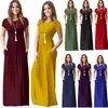 Women summer dress short sleeve o neck Solid Color Pocket Dress Casual Long Maxi Party Summer Beach LJJK895 W220315
