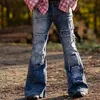 Мужские колокольчики джинсы Bootcut Bunders Vintage Patchwork огорченные брюки с полосами