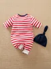 Baby Unisex striped and cartoon pattern Jumpsuit with cap SHE