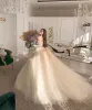 Fairy Champagne Princess Wedding Dresses Handmade Flowers Lace Floral Off Shoulder Sweep Train Plus Size Bridal Party Gowns Vestidos De Novia