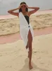 Hollow Out Women Midi Beach Jurk White One Shoulder Mouwloze Summer Y2K Sexy jurken Bodycon Party Nightclub 220629