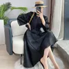 Casual Kleider Frauen Maxi Plissee Kleid Schärpen Volle Hülse V-ausschnitt Lose Stil Elegante Super Lange 2022 Herbst Mode KleidungCasual