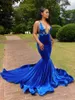 2022 Sexy Charming Blue Spaghetti Straps V-neck lace Mermaid Prom Dresses Backless Evening Gowns B0417Q