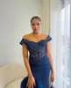 2022 Plus Size Arabic Aso Ebi Navy Blue Mermaid Prom Dresses Lace Pärled Evening Formal Party Second Reception Birthday Engagement Gowns Dress ZJ522