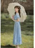 Casual Dresses Blue Gentle Romantic Fairy Dress Women Ruffled Square Collar Elegant High Waist Beaded Bow Sweet Cute Long Summer 2022