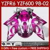 ヤマハのフェアリングキットYZF 600 CC YZF-600 YZF R6 R 6 98-02ボディ145NO.139 YZF600 600CCカウリングYZF-R6 1998 1999 2000 2001 2002 YZFR6 98 99 00 01 02 OEMボディワークピンクピンクピンクピンク