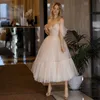 Blush Pink Wedding Dress Tea-Length Off Shoulder Tulle Illusion Short Boho Wedding Party Gowns For Women Vestido