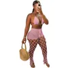 2023 Summer Womens Hollow Out Perspective Two Piece Set Beach Style Fishing Net Hook Sexy Suit Fashion Clothes