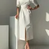 Elegant Women Short Puff Sleeve Summer Dress Korea Style Office Lady Slim Waist Female Fashion Clothes Vestd 220516