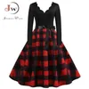 Kobiety Plaid Drukuj Zimowa Sukienka Czarny Z Długim Rękawem Vintage Christmas Party Pin Up Rockabilly Dress Robe Femme Plus Size S ~ 3XL 220317