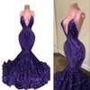 2022 Lila Sparkly Sequined Lace Prom Klänningar Sexig Backless Halter Deep V Neck African Girls Mermaid Sequins Long Women Formal Evening Party Gowns