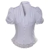 Elegant Women Shirts Medieval Steampunk Victorian Blouse Vintage Chiffon Short Sleeve Shirt V-neck Tops Corset Lacing Costume