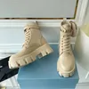 Nieuwste nude abrikoos kalfsleer Nylon buidel Enkel Combat Boots platform Wedges vetersluiting ronde neus blokhakken Platte slofjes chunky luxe ontwerper voor blote laarzen