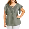 Women's Blouses & Shirts Summer Plus Size Women Blouse V Neck Pure Color Flare Sleeves Casual Top