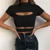 T-shirt da donna Summer Crop Top Women Solid Black Green Tops Hollow Out Abbigliamento Casual Tee Camicie da donna