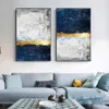 Abstract Gold Block Blue Canvas Poster and Print Painting Modern Golden Wall Art Nordic Navy Picture for Living Room Decoration