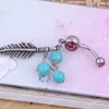 Fashion Leaf Turquoise Pendant Belly Button Rings Women Simple Handmade Stainless Steel Navel Rings Body Piercing Jewelry