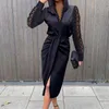 Günlük Elbiseler Kadın Bahar Zarif Parti Dantel Içi Boş Elbise Katı Seksi Ofis Bayan Iş Yarık Siyah Uzun Kollu Kapalı Omuz AutumnCasual