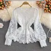 New design women's Spring fashion lantern long sleeve lace hollow out crochet floral t-shirt tops ML