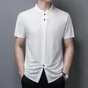 メンズドレスシャツサマータンスーツメンズプルオーバーボタンアップシャツ半袖2022カジュアルクラシック男性ラグジュアリーカラーレスソリッドカラー