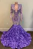 Lila Lavendel Meerjungfrau Abendkleider 2022 Prom Sparkly Pailletten 3D Blumen V-Ausschnitt Langarm Afrikanisches Schwarzes Mädchen Formales Abendkleid0328