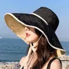 Wide Brim Hats Women Fisherman Hat Sunscreen Anti-UV Adjustable Fasten String Big Bucket Beach HeadwearWide