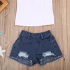 Été enfants vêtements filles 3D fleur imprimer sans manches à volants col rond pull t-shirts Denim trou pantalon bébé 2 pc ensemble 220620