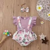 Citgeett Summer Sweet Baby Girls Outfit Solid Fly Sleeve Top Floral Printing Jarretelle Shorts Bow Headwear Clothing set J220711