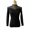 Kvinnors tröjor Elegant Black Swan Half Turtleneck Pullover Tröja Kvinnors nät Stitching Knittad t-shirt Sexig genomskinlig skjorta Topwo