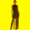 Casual Dresses Women's Fashion Black Pile Collar Halter Dress Slim Hem Fringe Party Dress Casual