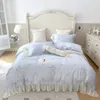 2022 Luxury TOP 100% Cotton 5pcs Embroider Blue Lace Bedding Sets Duvet cover Bedsheet Pillowcase stain bed King Queen Beautiful Noble Palace Royal Bed