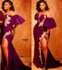 Plus la taille arabe Aso Ebi violet sirène robes de soirée sexy dentelle haute fente col transparent soirée formelle fête deuxième réception robes